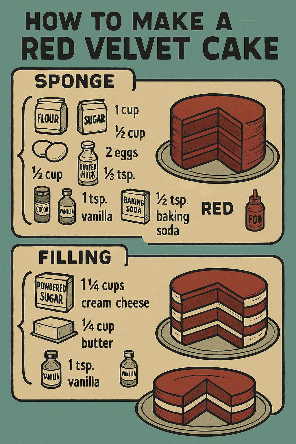 A poster with ingredients to bake a red velvet cake