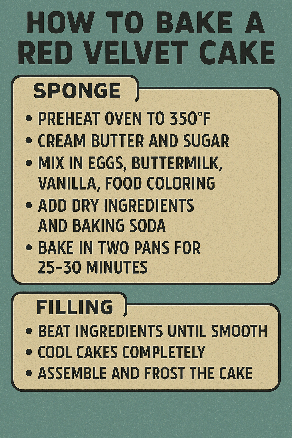 A poster with instructions to bake a red velvet cake